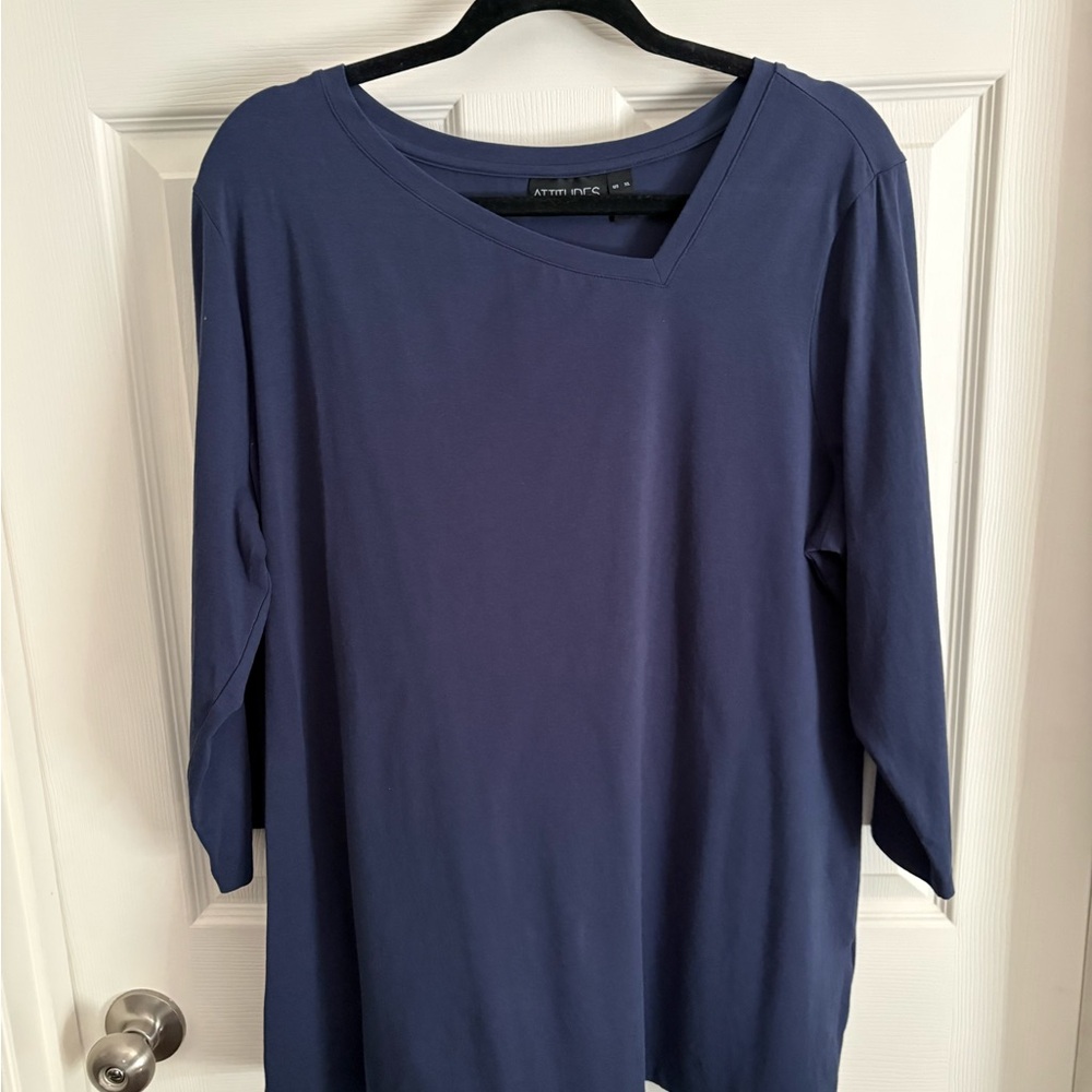 Attitudes by Renee Navy Asymmetric Neck Longline Top